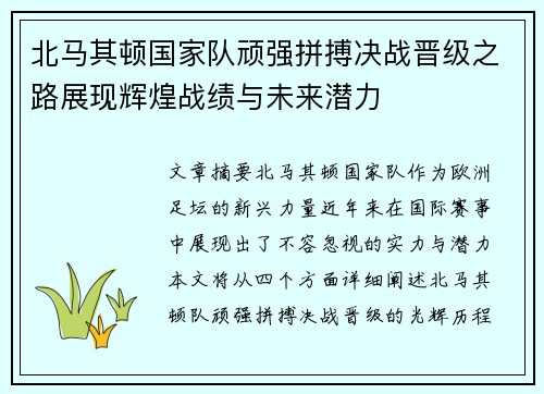 北马其顿国家队顽强拼搏决战晋级之路展现辉煌战绩与未来潜力