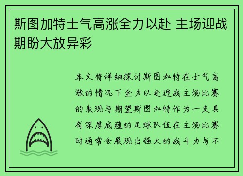 斯图加特士气高涨全力以赴 主场迎战期盼大放异彩