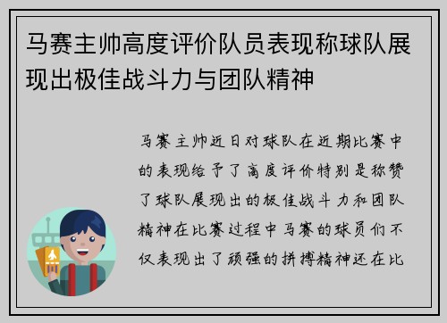 马赛主帅高度评价队员表现称球队展现出极佳战斗力与团队精神