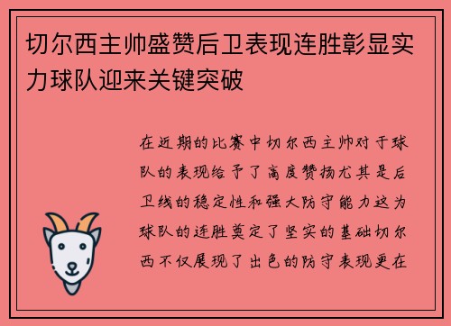 切尔西主帅盛赞后卫表现连胜彰显实力球队迎来关键突破