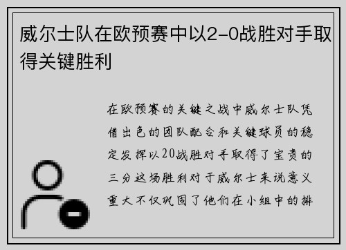 威尔士队在欧预赛中以2-0战胜对手取得关键胜利