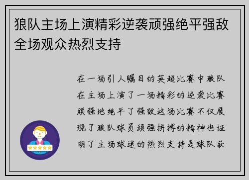 狼队主场上演精彩逆袭顽强绝平强敌全场观众热烈支持